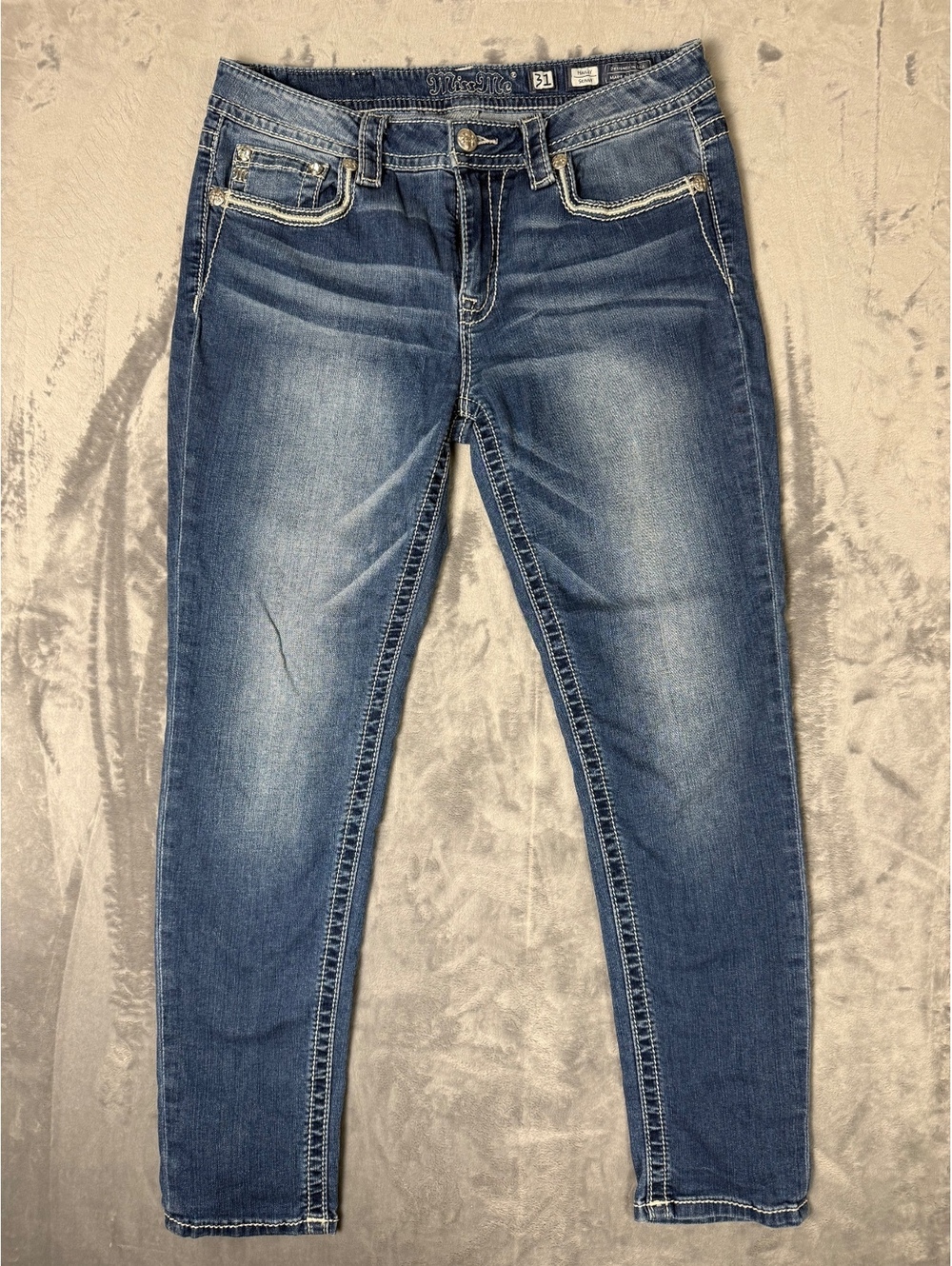 Sz 31 Miss Me Women's Blue Medium Wash Jeans Wing BLING Pockets Sequin